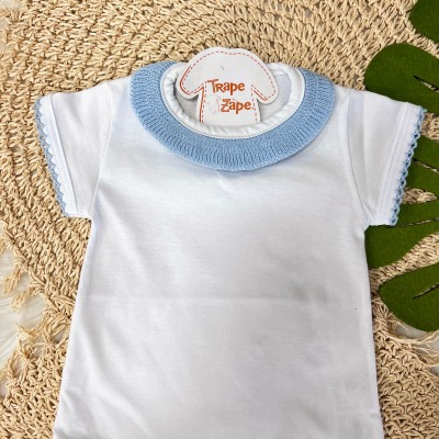 Body Branco com Gola Tricot - Azul